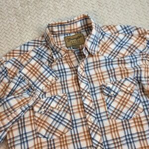 Wrangler Retro Mens Blue Brown Plaid Pearl Snap Western Shirt MVR472M  Medium